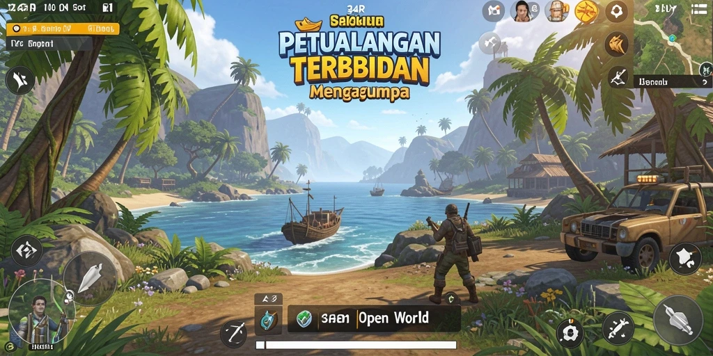 Tampilan antarmuka interaktif dalam game Open World 34R.