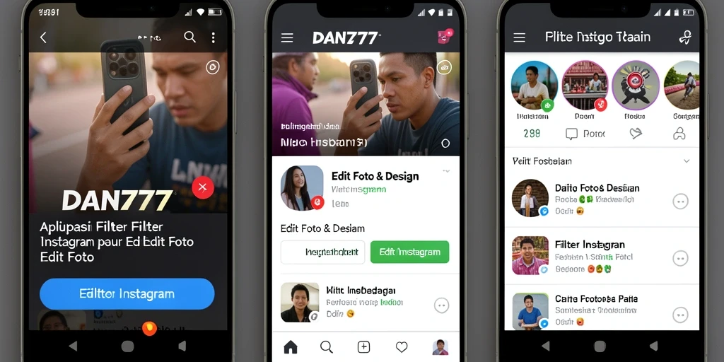 Tampilan antarmuka aplikasi DAN777 dengan berbagai filter Instagram.