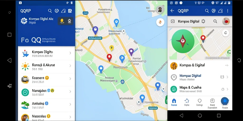 Antarmuka aplikasi QQRP yang menampilkan fungsi kompas digital.