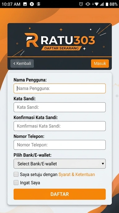 Tampilan halaman daftar ratu303